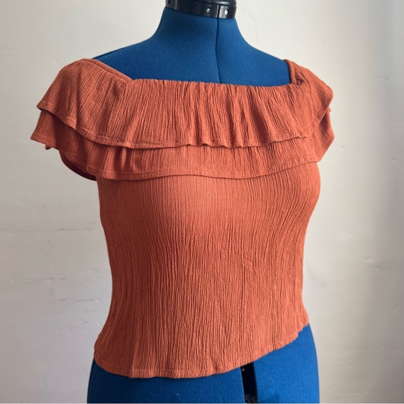 Burnt Sienna Off shoulders Ruffle Tiered Crop Top - Picture 1 of 4